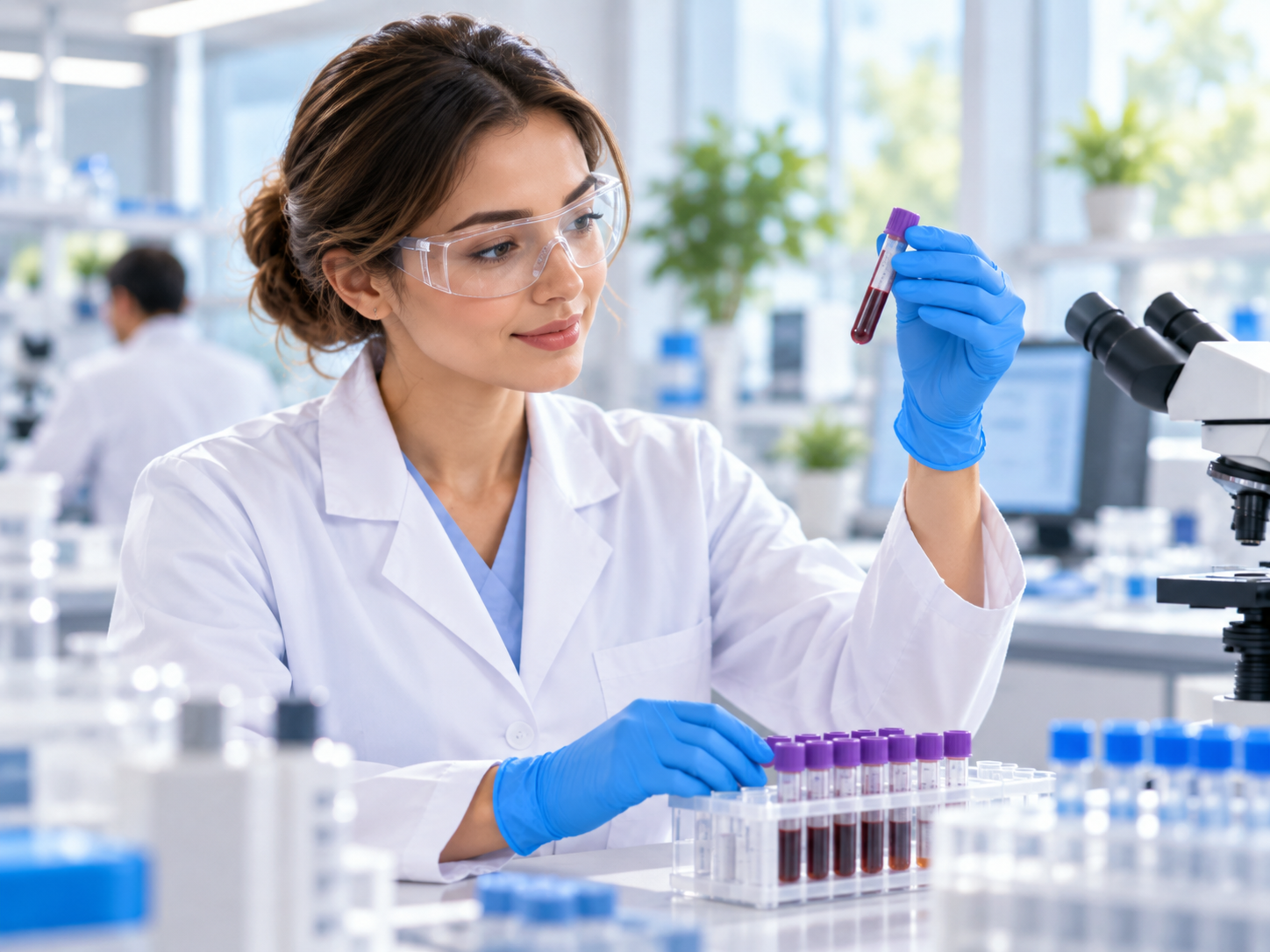 Profissional analisando amostra de sangue em laboratório moderno
