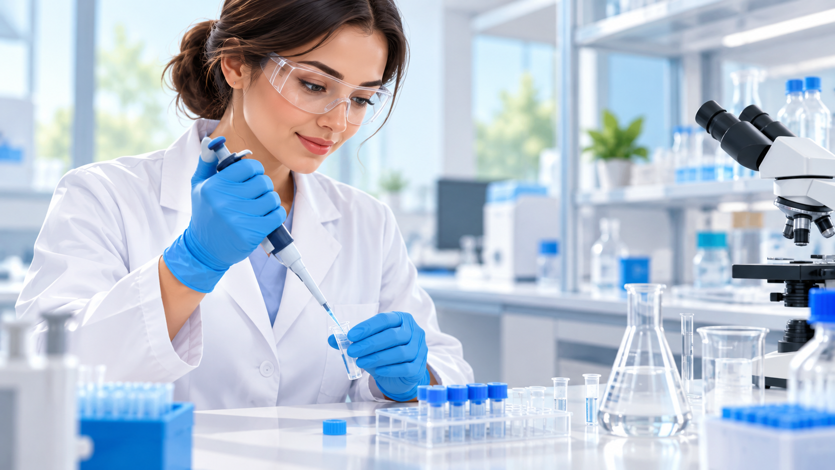 Profissional em laboratório realizando análise com cuidado e precisão